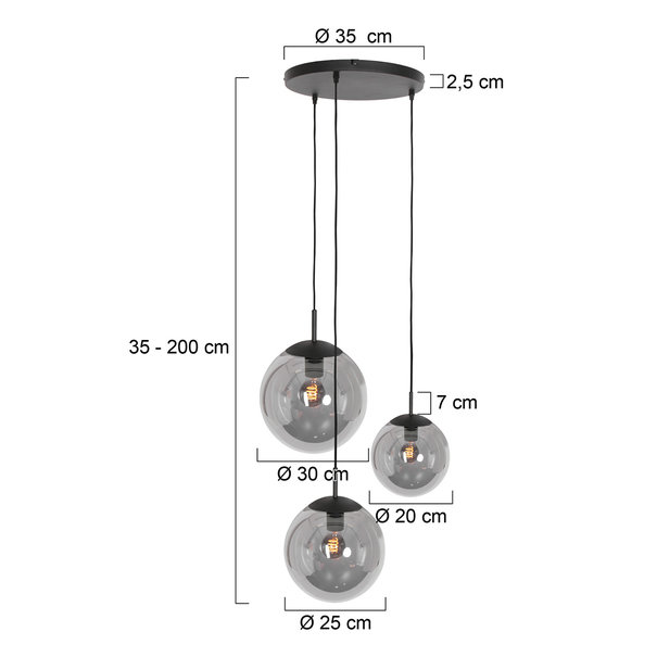 Steinhauer Moderne hanglamp Bollique 3-lichts getrapt zwart met smoke glas