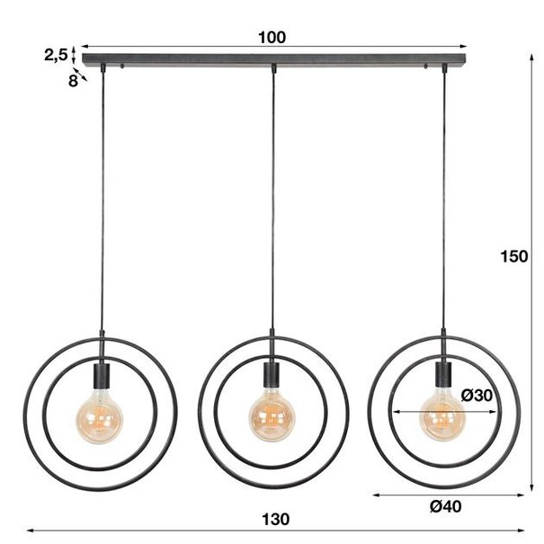 BelaLuz Industriële hanglamp Ozon 3-lichts charcoal