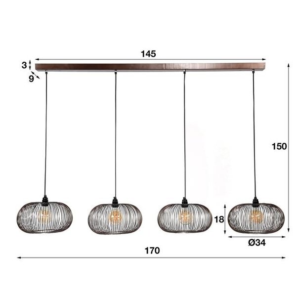 BelaLuz Moderne - Hanglamp - brons met koperen las - 4 lichts - Vince