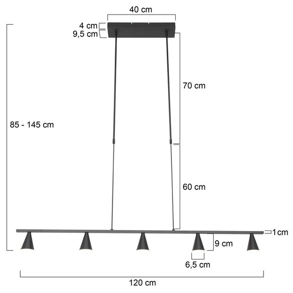 Steinhauer Moderne - Hanglamp - 5 lichts - Zwart - Vortex