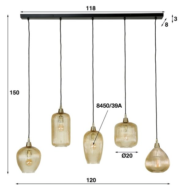BelaLuz Hanglamp Clasi 5-lichts goud met amber glas