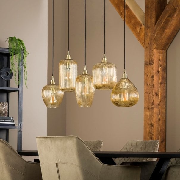 BelaLuz Hanglamp Clasi 5-lichts goud met amber glas