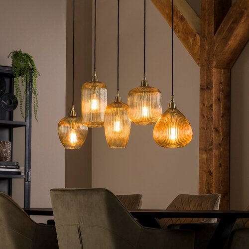 Hanglamp Clasi 5-lichts goud met amber glas