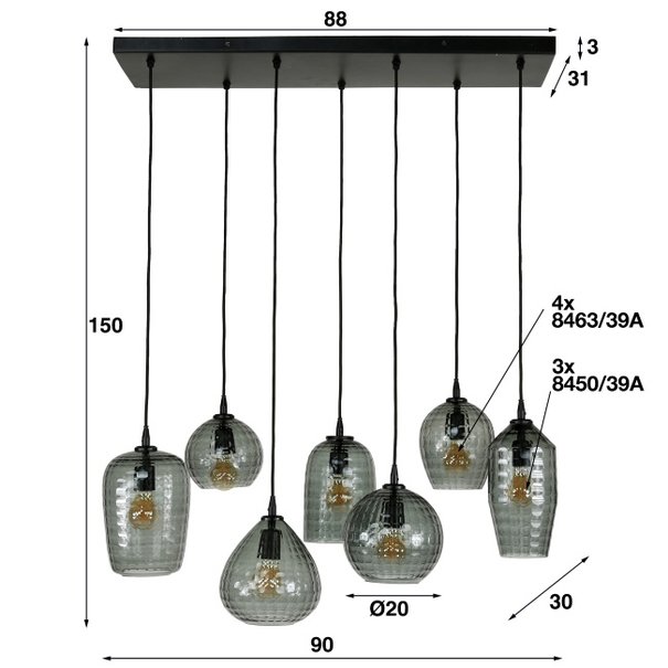 BelaLuz Moderne Design Hanglamp Oreon 7-lichts zwart met smoke glas