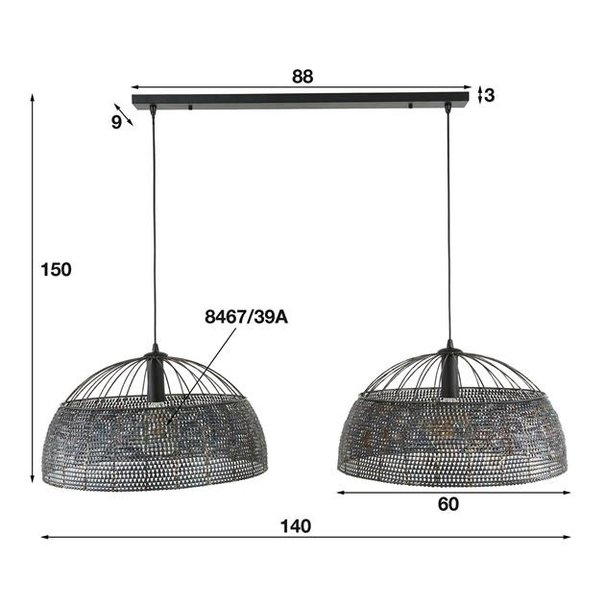 BelaLuz Industriële hanglamp Zelda 2-lichts Ø60 cm zwart bruin