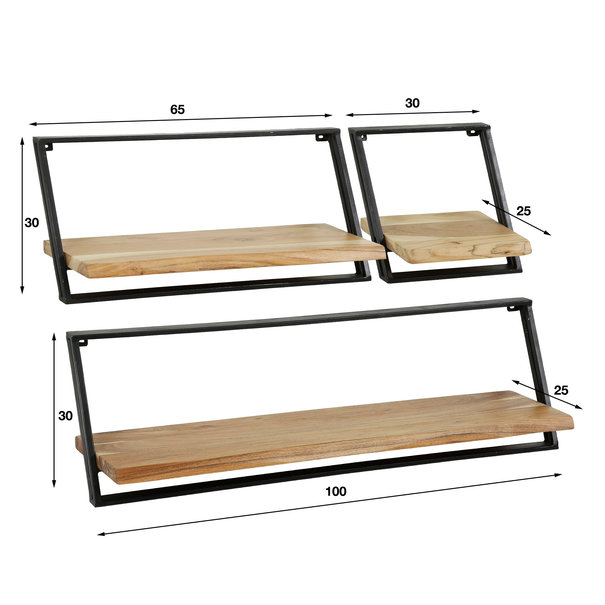 BelaLuz Landelijke Wandplank Don 3 set zwart frame met acaciahout