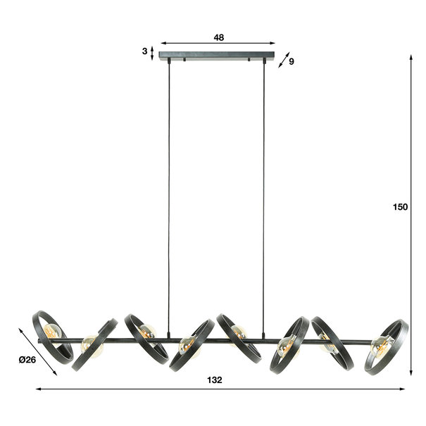 BelaLuz Moderne Industriële hanglamp Hera 8-lichts charcoal