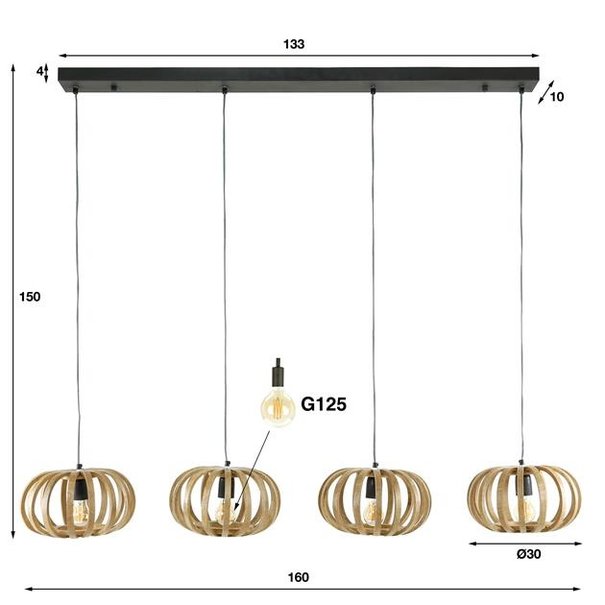 BelaLuz Landelijke - Hanglamp - 4 Lichts - Mangohout - Naturel - Myam