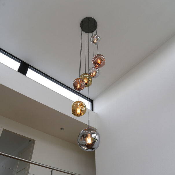 BelaLuz Design Modern videlamp Mira 7-lichts oud zilver met gekleurde glazen