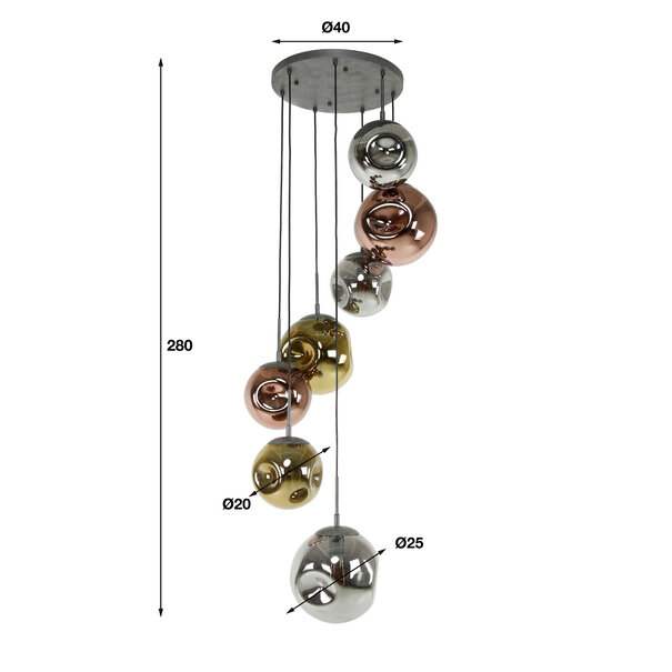 BelaLuz Design Modern videlamp Mira 7-lichts oud zilver met gekleurde glazen