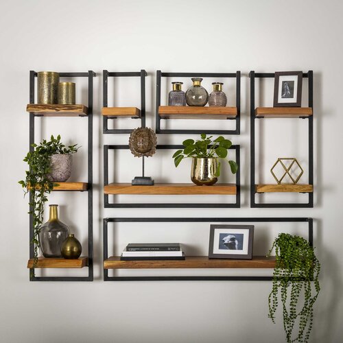 Landelijke wandplank Orlando set 2 acaciahout met zwart frame