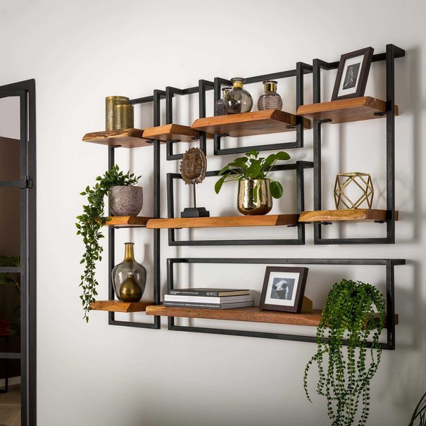 BelaLuz Landelijke wandplank Orlando set 2 acaciahout met zwart frame