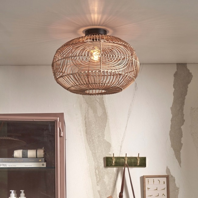 Plafondlamp Mulstrand, ronde plafondlamp van bamboe/metaal in naturel/zwart, lamp in boho-design met geweldig lichteffect door rasteroptiek, 1-lamp, 1 x E27, 50 cm, exclusief gloeilamp