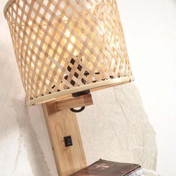 GOOD & MOJO Landelijke Retro wandlamp Java 1-lichts naturel met boekenplank