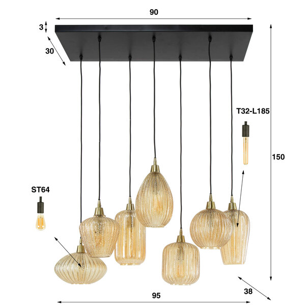 BelaLuz Hanglamp Dresa 7-lichts goud met amber glas