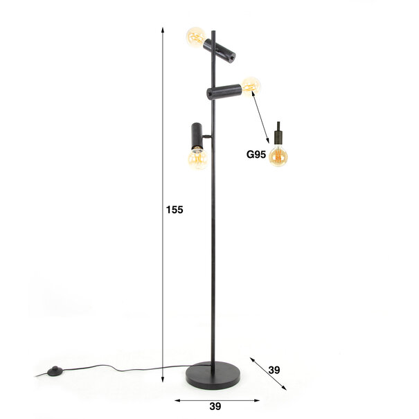 BelaLuz Moderne - Industriële - Vloerlamp - 3 lichts - Charcoal -Rack