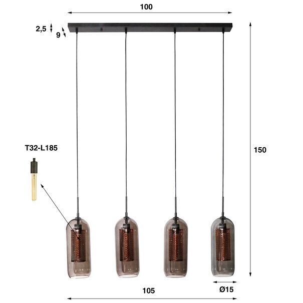 BelaLuz Industriele - Moderne - Hanglamp - 4 lichts - Mistral