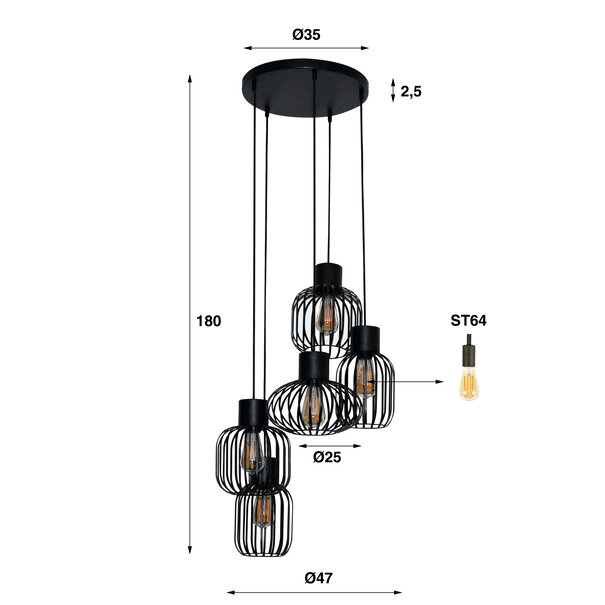 BelaLuz Industriële - Hanglamp - 5-lichts - Getrapt - Charcoal - Madley