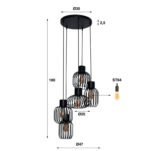 BelaLuz Industriële hanglamp Madley 5-lichts getrapt charcoal