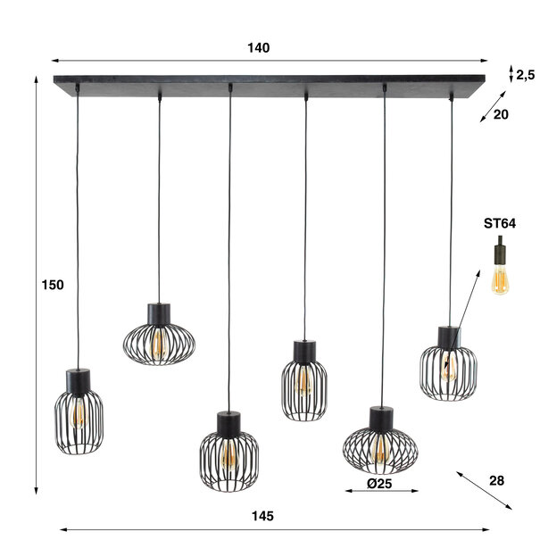 BelaLuz Industriële hanglamp Madley 6-lichts charcoal