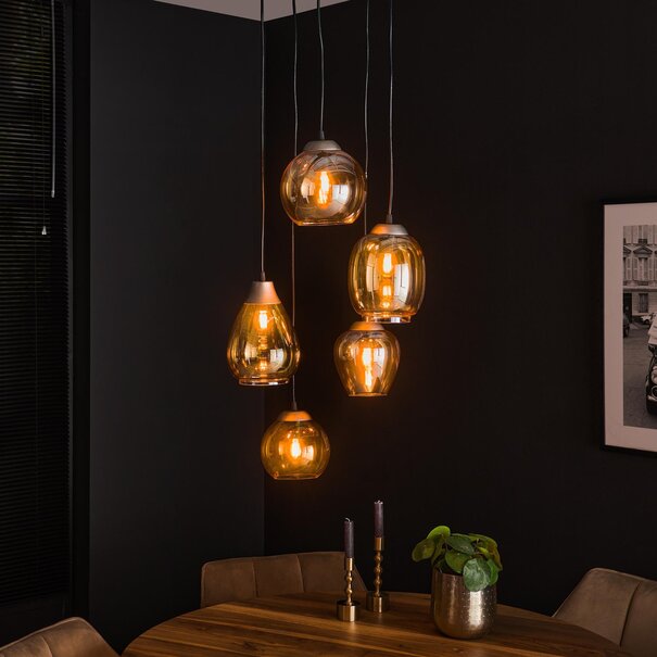 BelaLuz Industriële hanglamp Vetro 5-lichts charcoal met amber glas