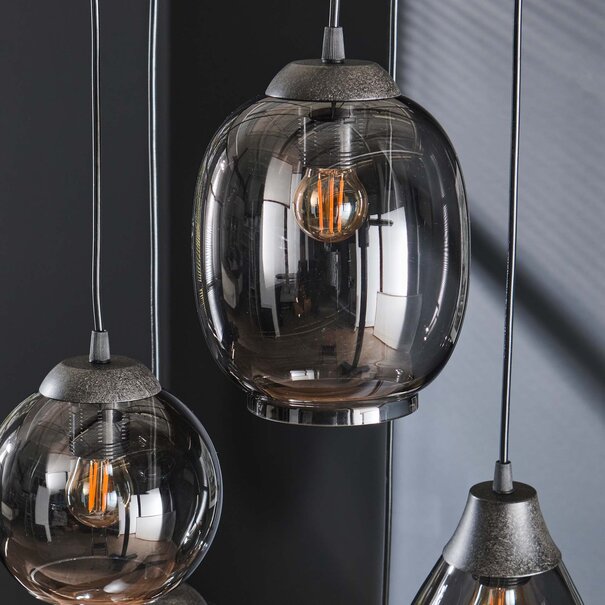 BelaLuz Industriële hanglamp Vetro 5-lichts charcoal met smoke glas