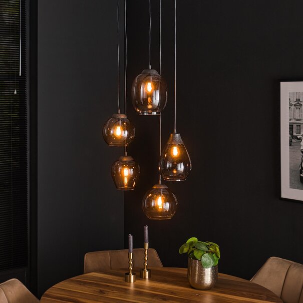 BelaLuz Industriële hanglamp Vetro 5-lichts charcoal met smoke glas