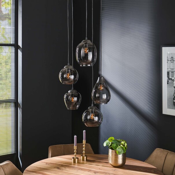 BelaLuz Industriële hanglamp Vetro 5-lichts charcoal met smoke glas