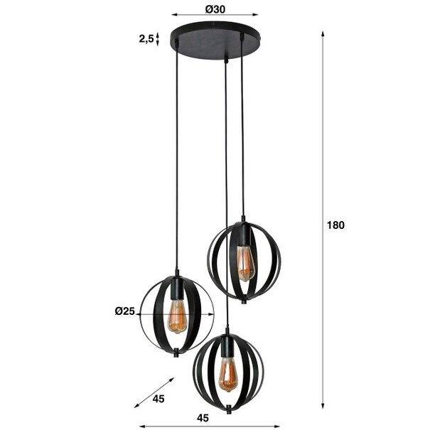 BelaLuz Industriële - Hanglamp - Charcoal - 3 lichts getrapt - Ozon Small