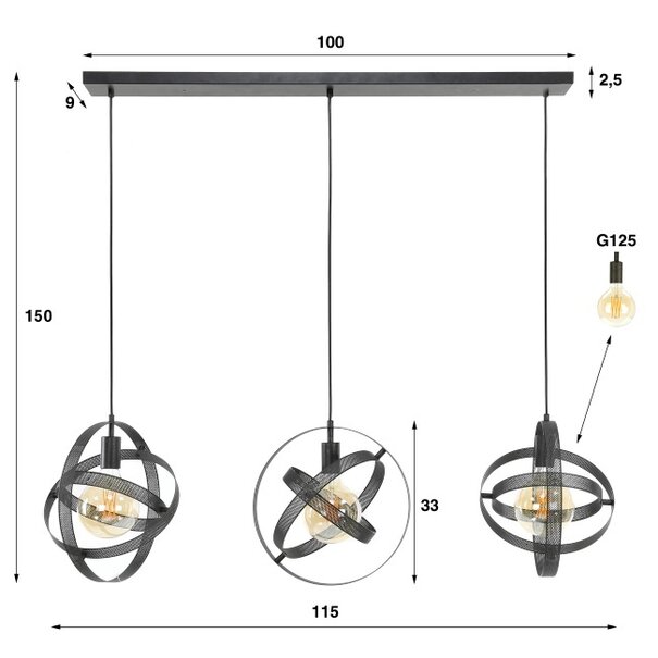 BelaLuz Industriële hanglamp Cosmo 3-lichts charcoal