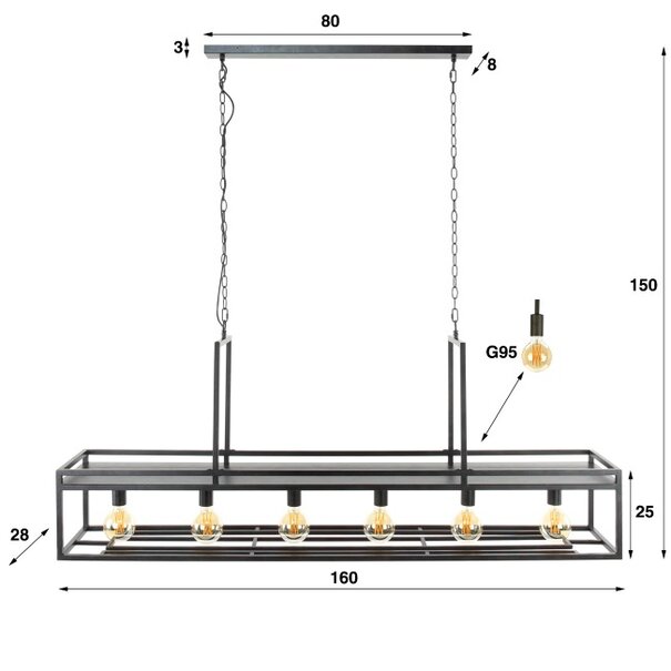 BelaLuz Industriële Moderne Hanglamp Baro 6-lichts Bar Lamp charcoal
