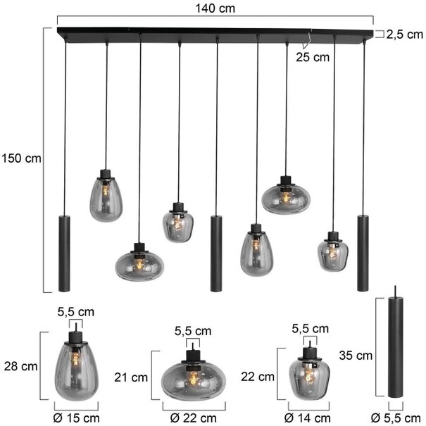Steinhauer Design Hotel Chique hanglamp Reflexion 9-lichts zwart met smoke glas