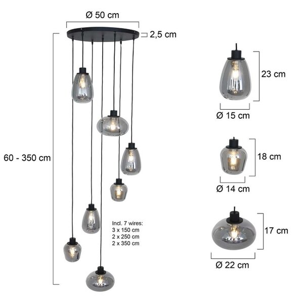 Steinhauer Hotel Chique hanglamp Reflexion 7-lichts zwart met smoke glas