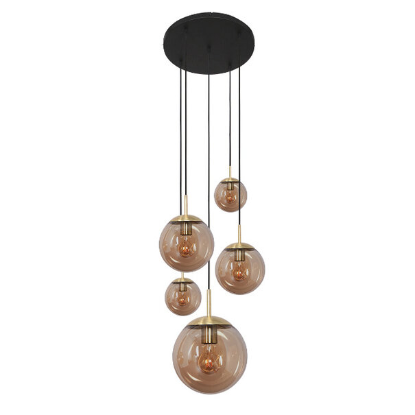 Steinhauer Moderne hanglamp Bollique 5-lichts goud met amber glas