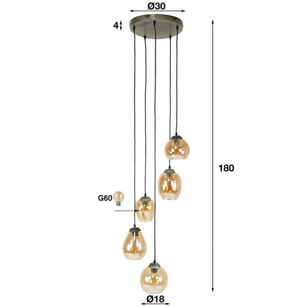 BelaLuz Industriële - Hanglamp - 5 lichts - Charcoal  - Amber Glas - Vetro