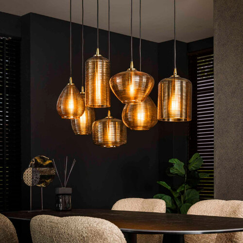 Klassieke Hotel Chique hanglamp Warp 7-lichts goud met amber glas