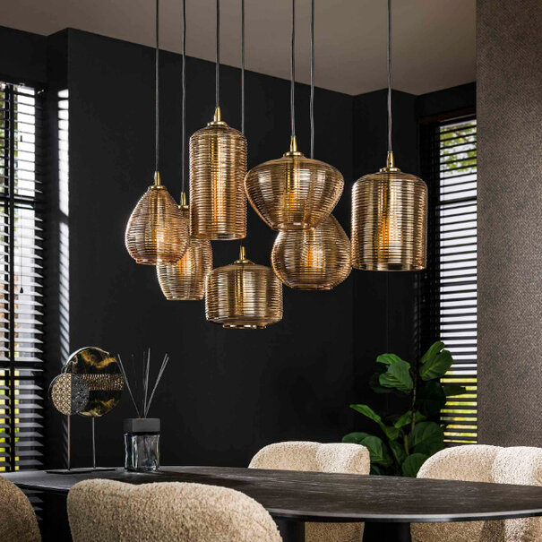 BelaLuz Klassieke Hotel Chique hanglamp Warp 7-lichts goud met amber glas