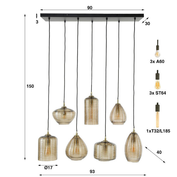 BelaLuz Klassieke Hotel Chique hanglamp Warp 7-lichts goud met amber glas