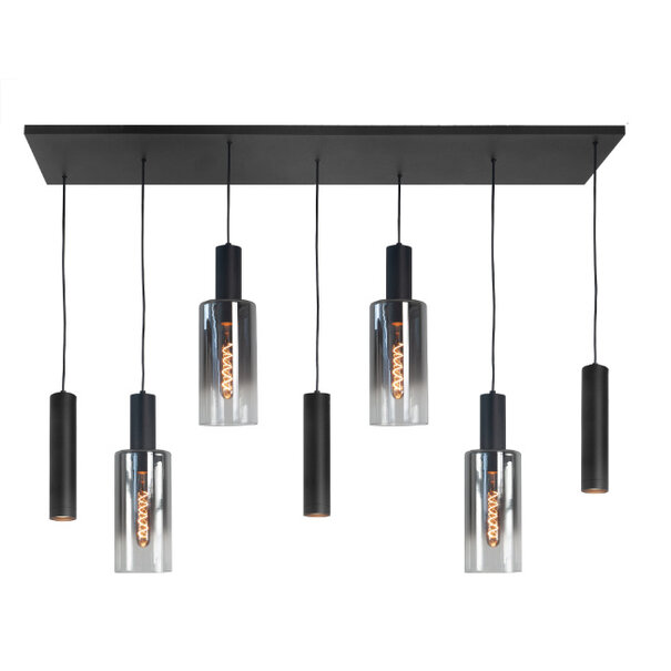 Highlight Moderne hanglamp Perugia 7-lichts Kokers zwart met smoke glas