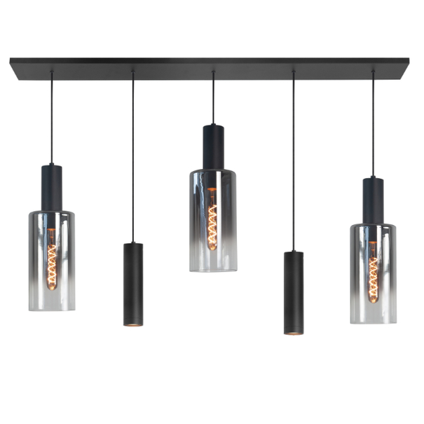 Highlight Moderne hanglamp Perugia 5-lichts Kokers zwart met smoke glas