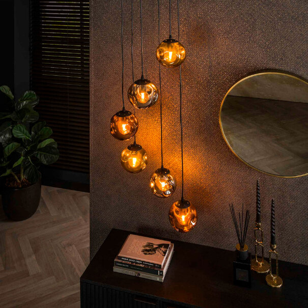 BelaLuz Moderne Design hanglamp Miro 6-lichts getrapt met gekleurde glazen