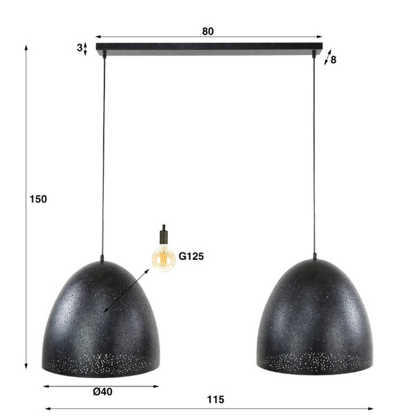 BelaLuz Industriële - Vintage - Hanglamp - Charcoal - 2 Lichts - Monte