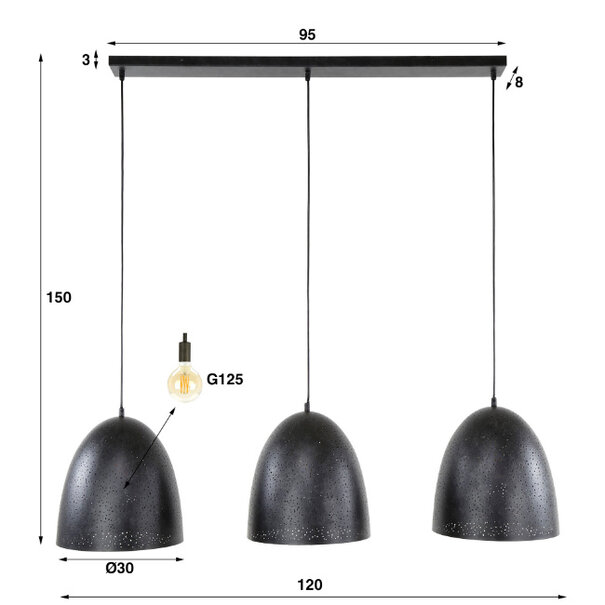 BelaLuz Industriële Vintage hanglamp Monte 3-lichts charcoal