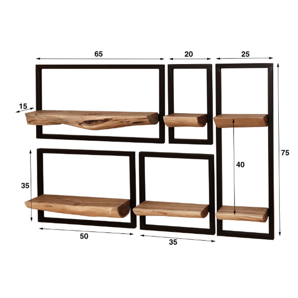 BelaLuz Wandplank - Kayne - 5 Set - Acaciahout - Zwart - Metaal