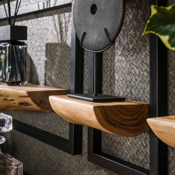 BelaLuz Wandplank Kayne 5 set zwart metaal met acaciahout