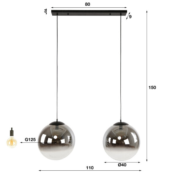 BelaLuz Moderne Hotel Chique hanglamp Midas 2-lichts charcoal met smoke glas