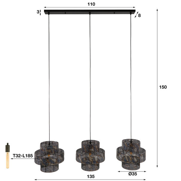 BelaLuz Industriële - Hanglamp - 3 Lichts - Zwart Bruin - Palis