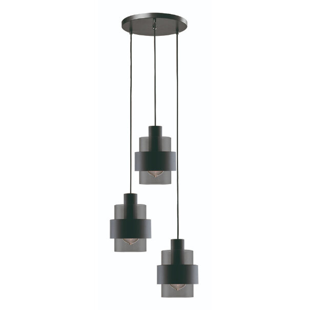 Freelight Moderne hanglamp Chiasso 3-lichts getrapt zwart met smoke glas