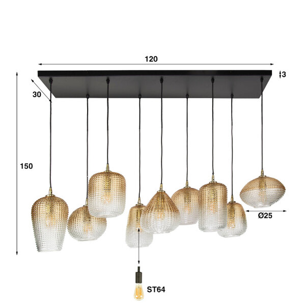 BelaLuz Hotel Chique Klassieke hanglamp Bees 9-lichts goud met amber glas