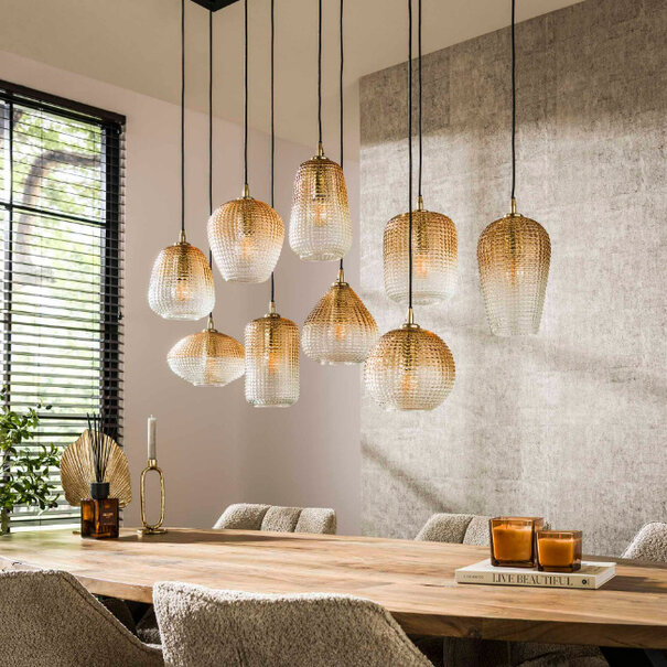 BelaLuz Hotel Chique Klassieke hanglamp Bees 9-lichts goud met amber glas